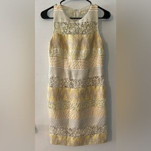 Kay Unger sleeveless midi dress, yellow/gray/silver with sequins. Women’s sz 10